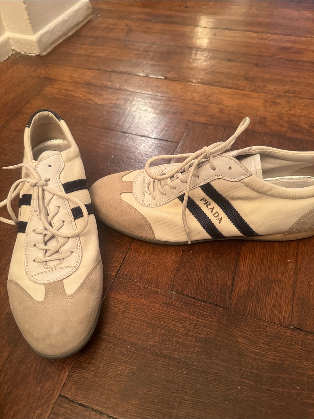 Prada Cream and Navy Leather & Suede Sneakers